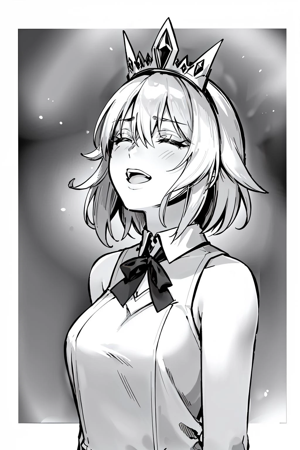 masterpiece, best quality, 1girl, mature female, <lora:Lunaria (Soft Training):0.6> lunaria, blonde hair, tiara, short hair, upper body, sleeveless shirt, cowboy shot, monochrome, greyscale, <lora:FabulousSecretPowersMeme:0.8> IncrsSecretPower, solo, closed eyes