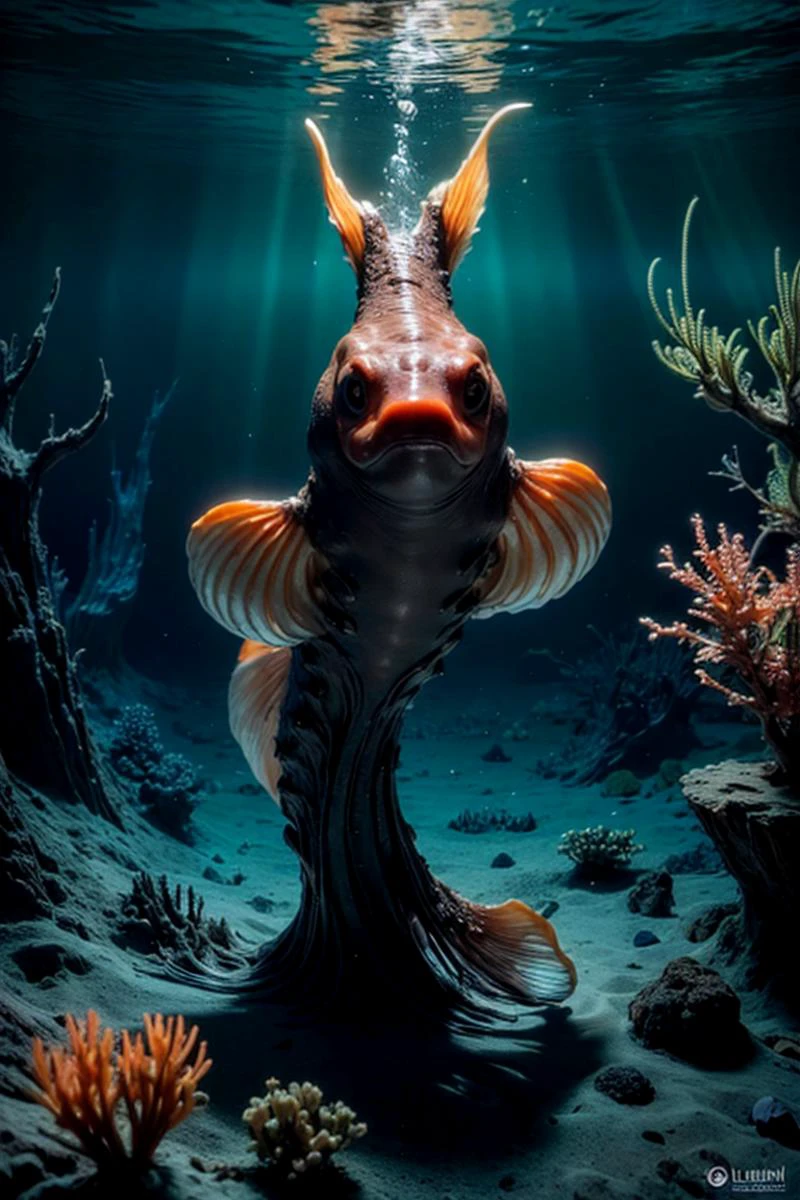 masterpiece, (realistic, best quality, lifelike:1.5), abyssaltech (captivating orange aquatic creature) with chitinous skin, scaly hide, webbed limbs, shell cap, tail, luminescent eyes, pearl ornaments,adorned with mystic seaweed, set in a haunting underwater vent, with dark waters, glowing lava, hidden creatures, silent beauty, during twilight, <lora:AbyssalTech:1>,
