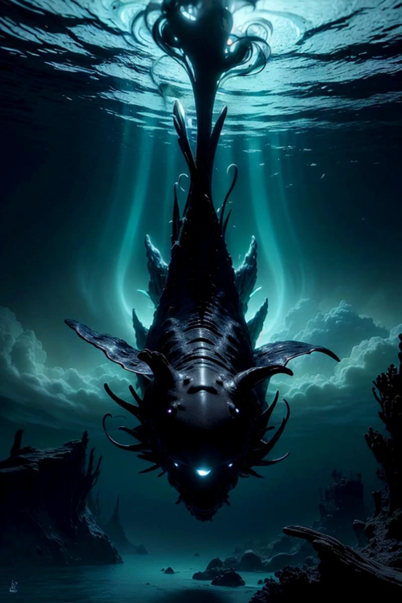 masterpiece, (realistic, best quality, lifelike:1.5), abyssaltech (surreal green aquatic creature) with scaly skin, armored plates, tentacle fingers, shell cap, additional fins, glowing veins, anemone tentacles,sea anemones, set in a forgotten wreck, with collapsed hull, bioluminescent plants, soft light, lost artifacts, <lora:AbyssalTech:1.25>,