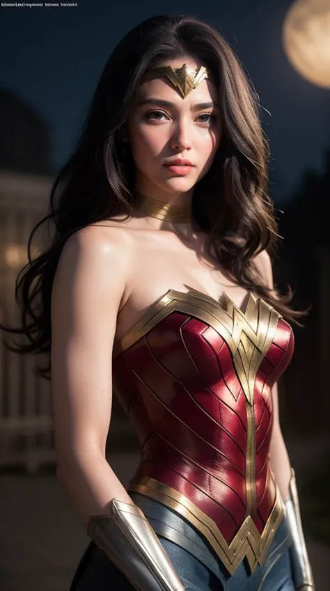 (best quality, masterpiece, colorful, dynamic angle, highest detailed), (photorealistic:1.2), raw photo,(Wonder Woman), upper body photo, fashion photography of cute black long hair girl (Wonder Woman), dressing high detailed Wonder Woman suit (high resolution textures), in dynamic pose, bokeh, (intricate details, hyperdetailed:1.15), detailed, moonlight passing through hair, perfect night, (fantasy background), (official art, extreme detailed, highest detailed), (photorealistic:1.2), raw photo,, HDR+