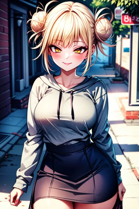 (best quality:1.2), 1girl, (masterpiece:1.2), raytracing, cute face, perfect face, ultra detailed,detailed face, 8k wallpaper, wide hips, <lora:more_details:0.5>, TogaHimiko_NDV, 1girl, yellow eyes, blonde hair, large breasts, short hair, double bun, hair bun, messy hair, <lora:TogaHimiko_NDV:0.7>, outdoor, smile, skirt, sweatshirt, skirt