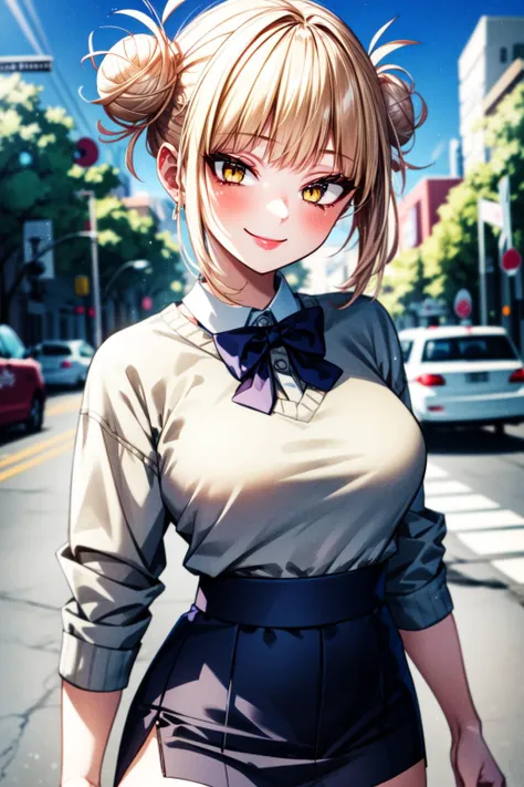 (best quality:1.2), 1girl, (masterpiece:1.2), raytracing, cute face, perfect face, ultra detailed,detailed face, 8k wallpaper, wide hips, <lora:more_details:0.5>, TogaHimiko_NDV, 1girl, yellow eyes, blonde hair, large breasts, short hair, double bun, hair bun, messy hair, <lora:TogaHimiko_NDV:0.7>, outdoor, smile, shirt, sweater, skirt, bow tie