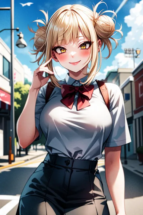 (best quality:1.2), 1girl, (masterpiece:1.2), raytracing, cute face, perfect face, ultra detailed,detailed face, 8k wallpaper, wide hips, <lora:more_details:0.5>, TogaHimiko_NDV, 1girl, yellow eyes, blonde hair, large breasts, short hair, double bun, hair bun, messy hair, <lora:TogaHimiko_NDV:0.7>, outdoor, smile, shirt, sweater, skirt, bow tie