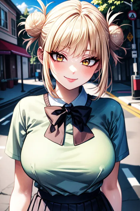 (best quality:1.2), 1girl, (masterpiece:1.2), raytracing, cute face, perfect face, ultra detailed,detailed face, 8k wallpaper, wide hips, <lora:more_details:0.5>, TogaHimiko_NDV, 1girl, yellow eyes, blonde hair, large breasts, short hair, double bun, hair bun, messy hair, <lora:TogaHimiko_NDV:0.7>, outdoor, smile, shirt, sweater, skirt, bow tie