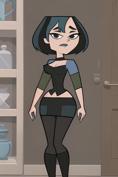 (8k, RAW photo, best quality, masterpiece:1.2), (intricate details), perfect eyes, perfect face, perfect lighting, beautiful, (masterpiece:1.2), (best quality:1.2), 1girl, cartoon style, gwentdi, solo, black eyes, big ass, wide hips, thick thighs, medium breasts, thick,