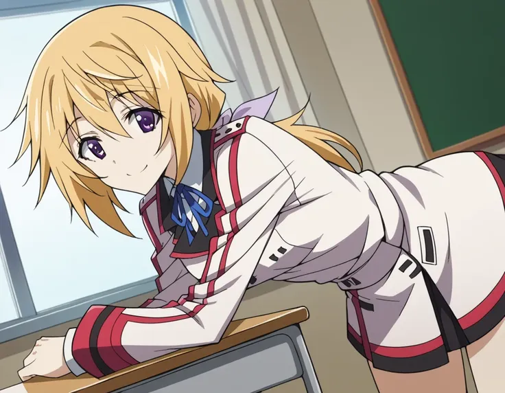 score_9, score_8_up, score_7_up, source_anime,
charlottedunois, <lora:charlotte-dunois-s2-ponyxl-lora-nochekaiser:1>,
charlotte dunois, long hair, blonde hair, ribbon, purple eyes, ponytail, hair ribbon,
school uniform, ribbon, blue ribbon, long sleeves, red trim, uniform, military uniform, white military uniform,
indoors, classroom, bent over, smile,
looking at viewer, cowboy shot, solo, dutch angle,