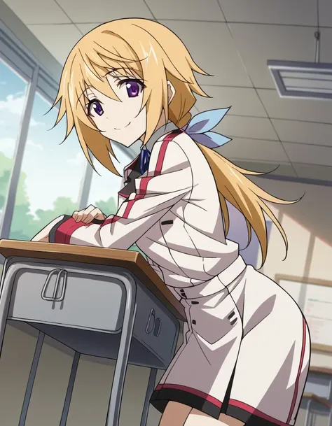 score_9, score_8_up, score_7_up, source_anime,
charlottedunois, <lora:charlotte-dunois-s2-ponyxl-lora-nochekaiser:1>,
charlotte dunois, long hair, blonde hair, ribbon, purple eyes, ponytail, hair ribbon,
school uniform, ribbon, blue ribbon, long sleeves, red trim, uniform, military uniform, white military uniform,
indoors, classroom, bent over, smile,
looking at viewer, cowboy shot, solo, dutch angle,