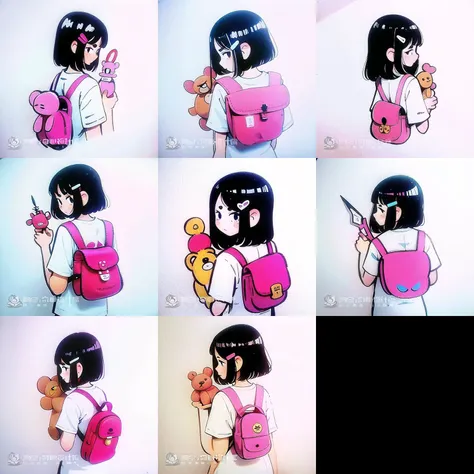 (top quality, best quality, official art, graphic design),(best quality, masterpiece:1.2),(((White background, solid color background)))ï¼a drawing of a girl holding a teddy bear and a pink purse with a pink background and a pink background, 1girl, solo, looking_at_viewer, short_hair, bangs, shirt, black_hair, hair_ornament, holding, white_shirt, upper_body, short_sleeves, hairclip, looking_back, medium_hair, bag, from_behind, traditional_media, stuffed_toy, shoulder_bag, scissors, pink_bag <lora:æ¸¸æå¾æ ç ç©¶ææç»:1>