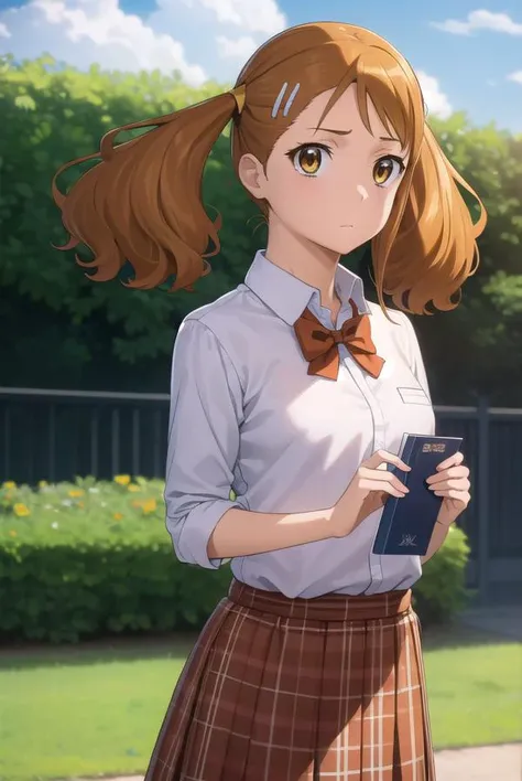 narukoanjou, <lora:naruko anjou s1-lora-nochekaiser:1>,
naruko anjou, orange hair, twintails, (brown eyes:1.7), hair ornament, star ornament, hair clip,
BREAK skirt, bow, school uniform, sleeves rolled up, red bowtie, shirt, white shirt, collared shirt, (red skirt:1.5),
BREAK outdoors, house, fields, grass, sky, sun, clouds,
BREAK looking at viewer, (cowboy shot:1.5),
BREAK <lyco:GoodHands-beta2:1>, (masterpiece:1.2), best quality, high resolution, unity 8k wallpaper, (illustration:0.8), (beautiful detailed eyes:1.6), extremely detailed face, perfect lighting, extremely detailed CG, (perfect hands, perfect anatomy),