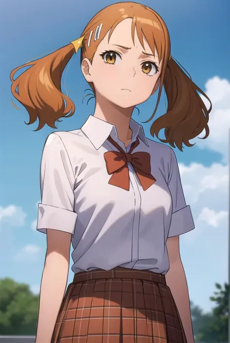 narukoanjou, <lora:naruko anjou s1-lora-nochekaiser:1>,
naruko anjou, orange hair, twintails, (brown eyes:1.7), hair ornament, star ornament, hair clip,
BREAK skirt, bow, school uniform, sleeves rolled up, red bowtie, shirt, white shirt, collared shirt, (red skirt:1.5),
BREAK outdoors, house, fields, grass, sky, sun, clouds,
BREAK looking at viewer, (cowboy shot:1.5),
BREAK <lyco:GoodHands-beta2:1>, (masterpiece:1.2), best quality, high resolution, unity 8k wallpaper, (illustration:0.8), (beautiful detailed eyes:1.6), extremely detailed face, perfect lighting, extremely detailed CG, (perfect hands, perfect anatomy),
