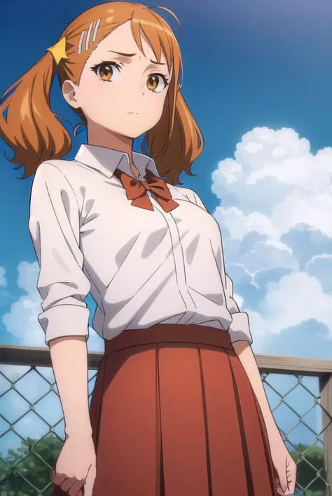 narukoanjou, <lora:naruko anjou s1-lora-nochekaiser:1>,
naruko anjou, orange hair, twintails, (brown eyes:1.7), hair ornament, star ornament, hair clip,
BREAK skirt, bow, school uniform, sleeves rolled up, red bowtie, shirt, white shirt, collared shirt, (red skirt:1.5),
BREAK outdoors, house, fields, grass, sky, sun, clouds,
BREAK looking at viewer, (cowboy shot:1.5),
BREAK <lyco:GoodHands-beta2:1>, (masterpiece:1.2), best quality, high resolution, unity 8k wallpaper, (illustration:0.8), (beautiful detailed eyes:1.6), extremely detailed face, perfect lighting, extremely detailed CG, (perfect hands, perfect anatomy),