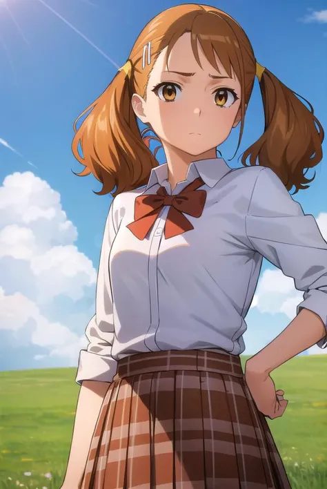 narukoanjou, <lora:naruko anjou s1-lora-nochekaiser:1>,
naruko anjou, orange hair, twintails, (brown eyes:1.7), hair ornament, star ornament, hair clip,
BREAK skirt, bow, school uniform, sleeves rolled up, red bowtie, shirt, white shirt, collared shirt, (red skirt:1.5),
BREAK outdoors, house, fields, grass, sky, sun, clouds,
BREAK looking at viewer, (cowboy shot:1.5),
BREAK <lyco:GoodHands-beta2:1>, (masterpiece:1.2), best quality, high resolution, unity 8k wallpaper, (illustration:0.8), (beautiful detailed eyes:1.6), extremely detailed face, perfect lighting, extremely detailed CG, (perfect hands, perfect anatomy),