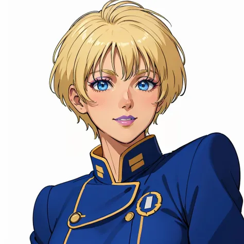 masterpiece,high quality,white background,
<lora:emaryounce002:0.4>,smile,
emary_ounce,1woman,
short hair,blonde hair,makeup,blue eyes,lipstick,(white lips:1.2),(dark skin:1.2),
uniform,blue military uniform,jacket,
close up,