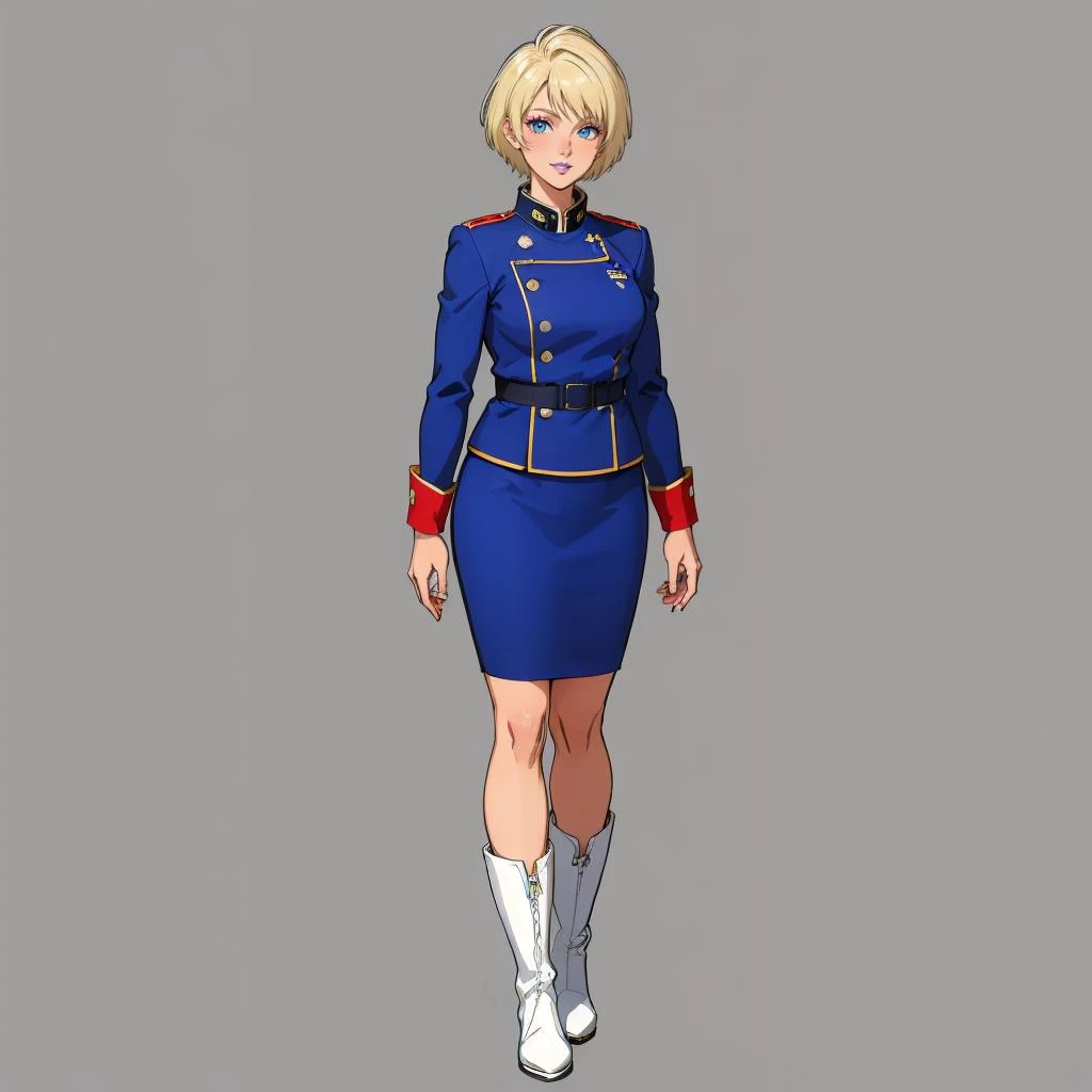 masterpiece,high quality,white background,
<lora:emaryounce002:0.4>,solo,light smile,
emary_ounce,1woman,
short hair,blonde hair,makeup,blue eyes,lipstick,(white lips:1.2),(dark skin:1.2),
uniform,blue military uniform,military,jacket,long sleeves,
pencil skirt,
boots,
full body,
