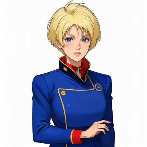 masterpiece,high quality,white background,simple background,
<lora:emaryounce002:0.6>,solo,
emary_ounce,1woman,
short hair,blonde hair,makeup,blue eyes,lipstick,white lips,dark skin,
uniform,blue military uniform,military,jacket,long sleeve,
smile,looking at viewer,