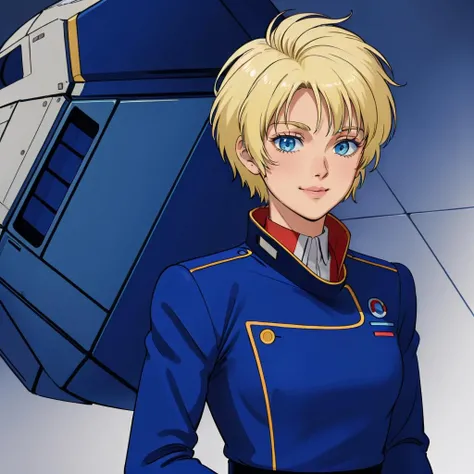 masterpiece,high quality,spacecraft,
<lora:emaryounce003:0.6>,smile,
emaryounce,1woman,
short hair,blonde hair,blue eyes,
uniform,blue military uniform,military,jacket,long sleeves,