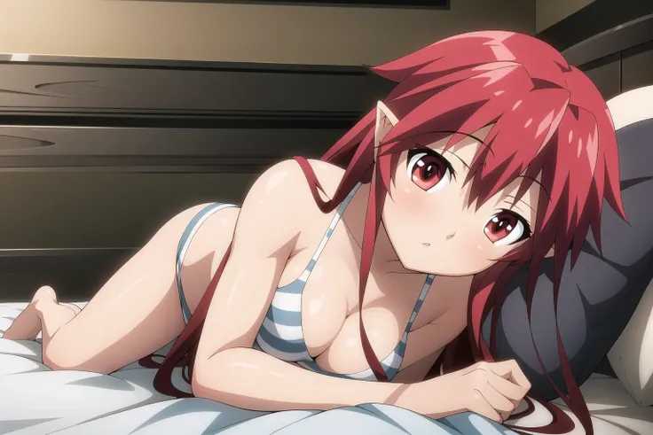 1girl, solo, setogaya, red hair, red eyes, pointy ears, medium breasts, bed, bedsheets, pillows, pillow grab, lying, on chest, (masterpiece), (highres), best quality, full body, <lora:Setogaya_Any-ep3:0.7>