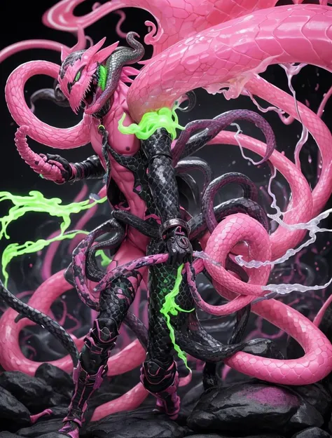 Snkmn, snakemen make natural alchemists dur to venom knowledge, neon pink and lime flasks spew a poisonous toxic cloud, black, salmon, twirl