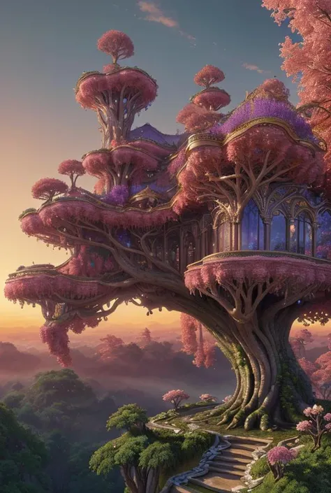 a wonderous and beautiful fantasy world with the tree Glasir, insanely detailed and intricate, hyper maximalist, elegant, hyper realistic, super detailed, vivid colors, sunrise, , ornate, dynamic, articulate, 8K,(UHD)