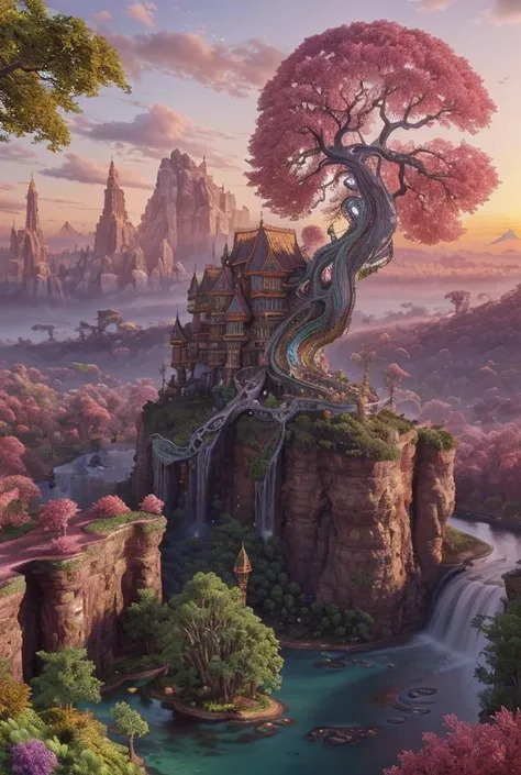 a wonderous and beautiful fantasy world with the tree Glasir, insanely detailed and intricate, hyper maximalist, elegant, hyper realistic, super detailed, vivid colors, sunrise, , ornate, dynamic, articulate, 8K,(UHD)