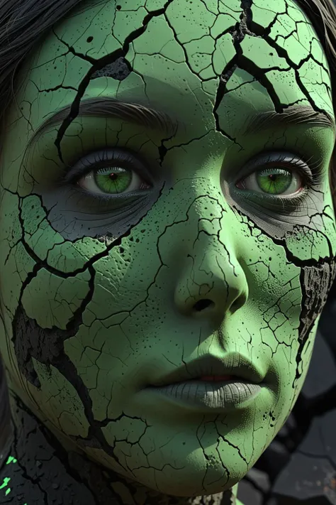 a woman face on a cracked surface, portrait of an android, fractal human silhouette, realistic 3 d render, black and green, subject made of cracked clay, woman, made of lava . Eerie, unsettling, dark, spooky, suspenseful, grim, highly detailed , UHD, HDR <lora:SD_Dices_Mega_Detail_v1:0.85>