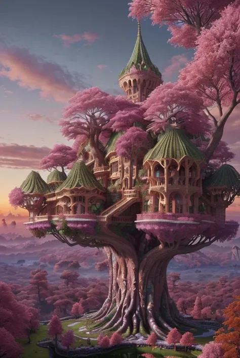 a wonderous and beautiful fantasy world with the tree Glasir, insanely detailed and intricate, hyper maximalist, elegant, hyper realistic, super detailed, vivid colors, sunrise, , ornate, dynamic, articulate, 8K,(UHD)