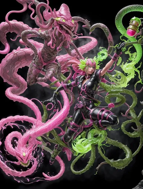 Snkmn, snakemen make natural alchemists dur to venom knowledge, neon pink and lime flasks spew a poisonous toxic cloud, black, salmon, twirl