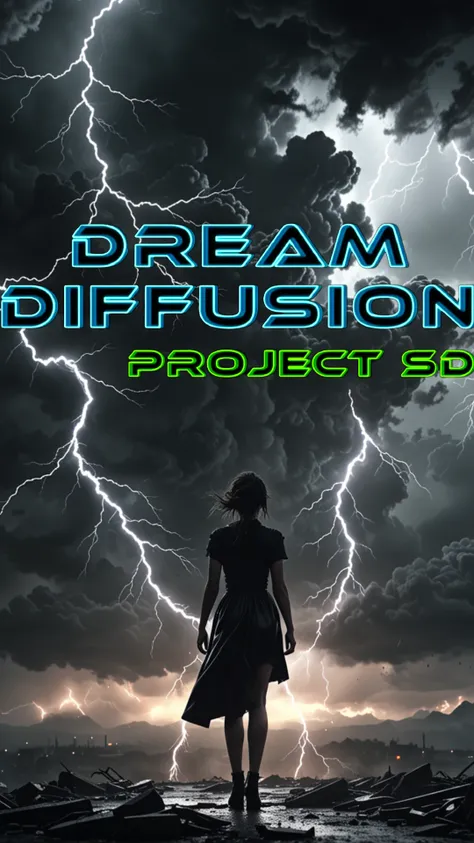 dystopian style Dark Moody Atmosphere, Dark, A woman , dark, moody, dark fantasy hyper dramatic, mysterious, dark clouds filled with lightning bolts, appocolypitic atmosphere, smoke, misty, lifeless surroundings, dramatic, highly detailed UHD