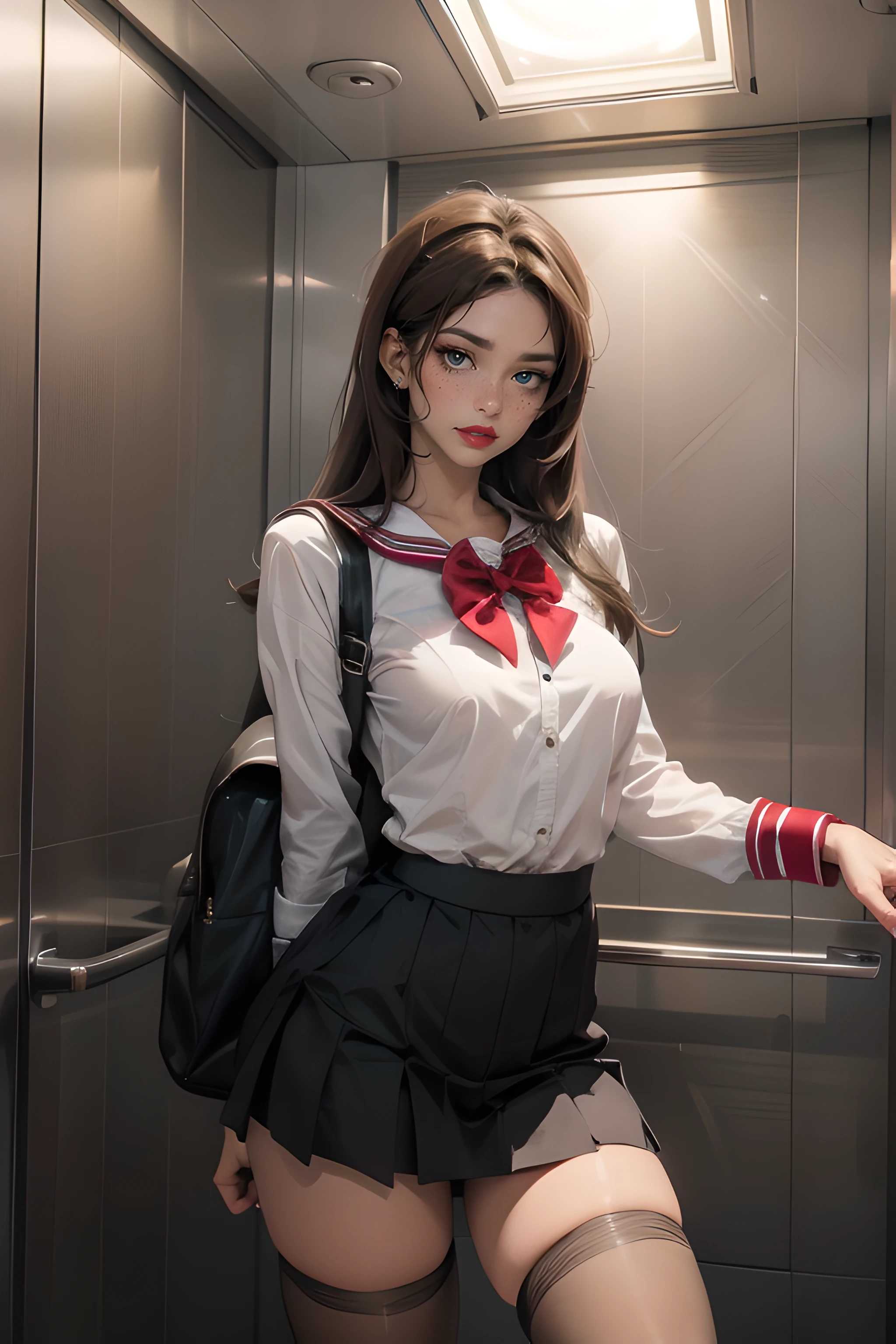 (masterpiece:1.3, best quality), intricate details, 1girl, 20yo, tanned skin:1.2, school uniform, pleated skirt, thighhighs, medium breast, cleavage, perfect face, makeup, freckles, big lips, glossy lips, looking at viewer, (light brown hair:1.3), long hair, blue eyes, AGGA_ST012, disdainful eyes, elevator, ceiling light <lora:Disdainful Eyes by Herrscher:0.7> <lora:elevator_v0.4-locon:1><lora:School Uniform By Stable Yogi:0.8>