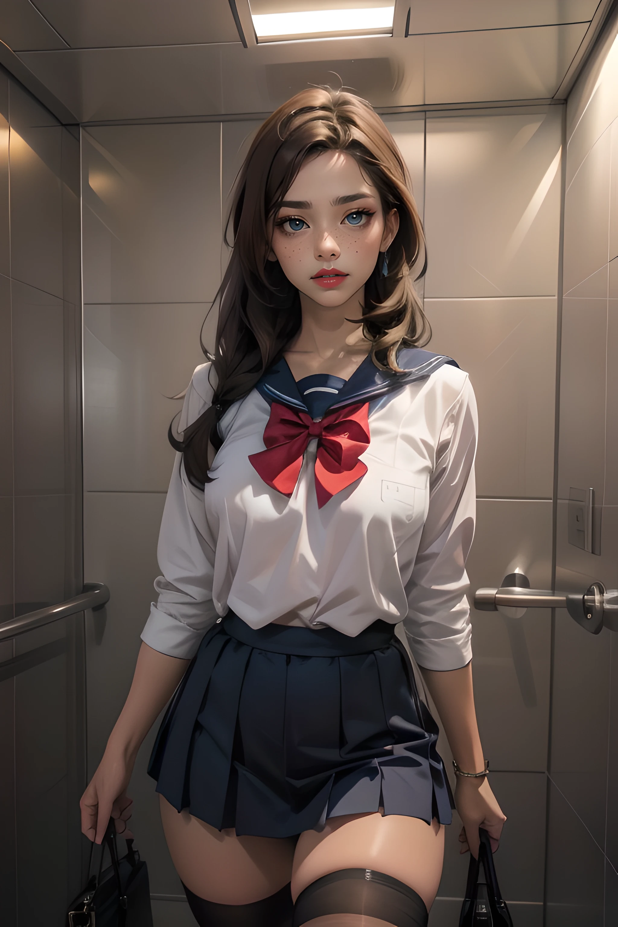 (masterpiece:1.3, best quality), intricate details, 1girl, 20yo, tanned skin:1.2, school uniform, pleated skirt, thighhighs, medium breast, cleavage, perfect face, makeup, freckles, big lips, glossy lips, looking at viewer, (light brown hair:1.3), long hair, blue eyes, AGGA_ST012, disdainful eyes, elevator, ceiling light <lora:Disdainful Eyes by Herrscher:0.7> <lora:elevator_v0.4-locon:1><lora:School Uniform By Stable Yogi:0.8>