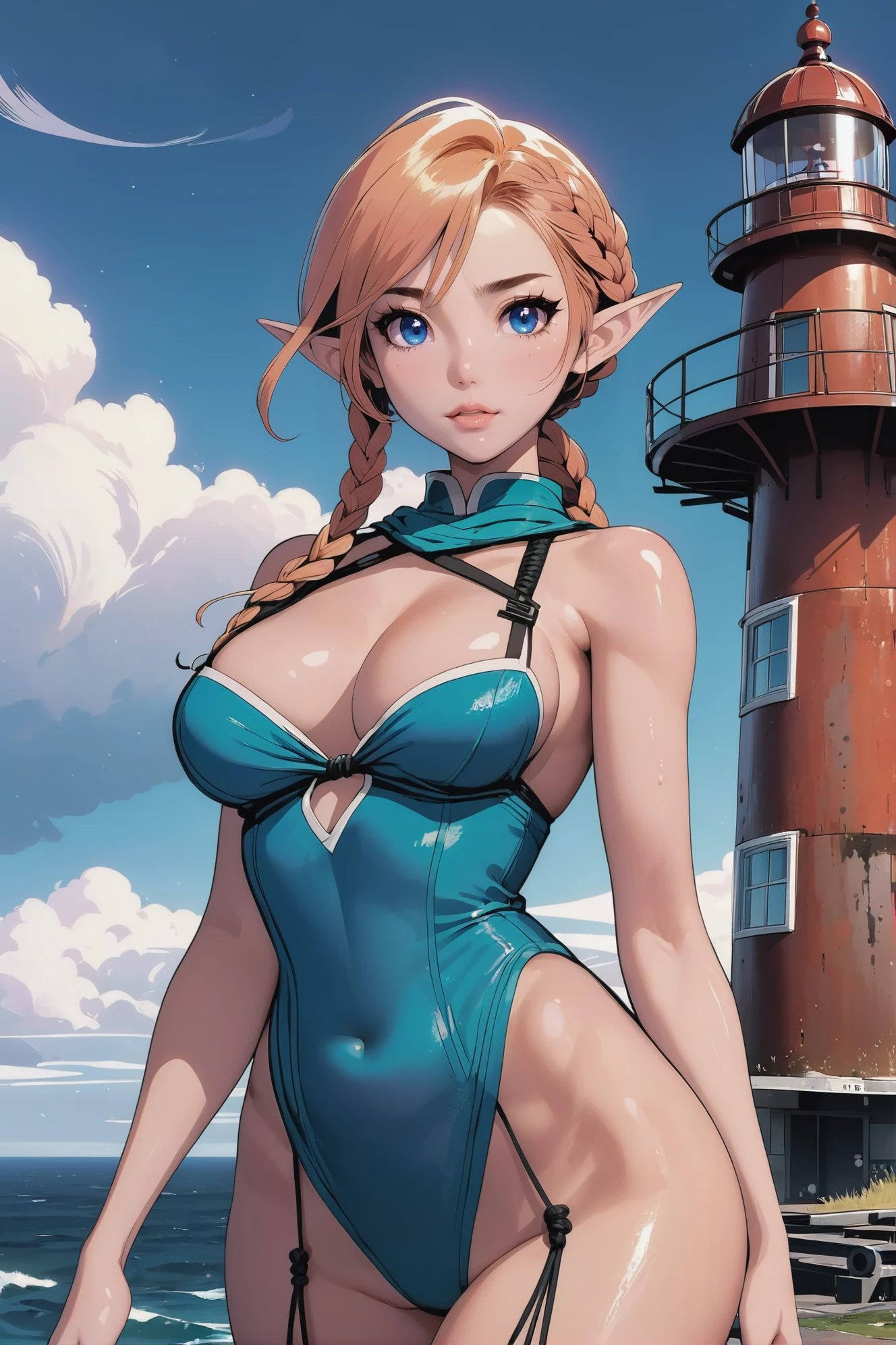 anime style, small breasts, 1girl, woman, elf ,Japanese renegade lord, silk, shozoku, kitsune mask, leg tattoos, tattoos, daggers, rainy night, bombshell hair, peach hair, Rope Braid,short hair, medium breasts, narrow waist, sexy perfect hourglass figure,, korean, (morning, blue sky, clouds, architecture, rusted Sovietwave lighthouse in a ghost town:1)<lora:EnvyThiccXL01:1>