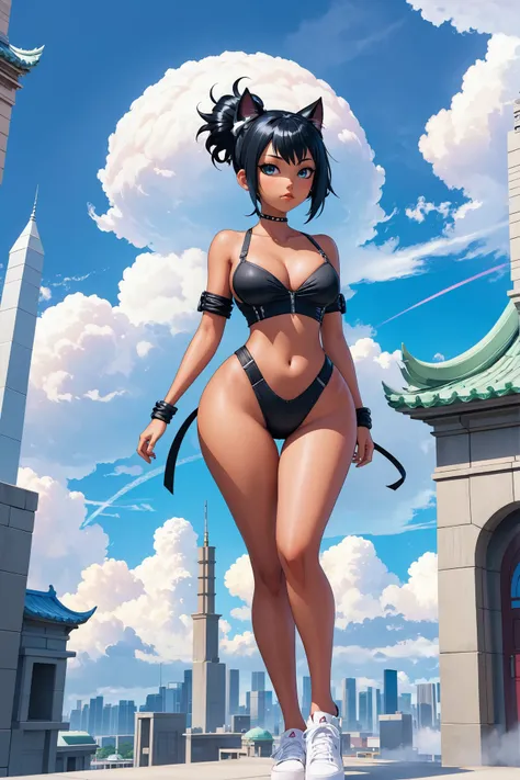 anime style, 1girl, woman, (unique Scene:1.3) cute catgirl, full body, [:creative, casual costume design,:0.2], bombshell hair, bright black hair, Mohawk,hair bun, slim, atheletic figure, narrow waist, small breasts, (african, dark skin:0.6), (noon, blue sky, clouds, architecture,  heaven:1.3)<lora:EnvyThiccXL01:1>