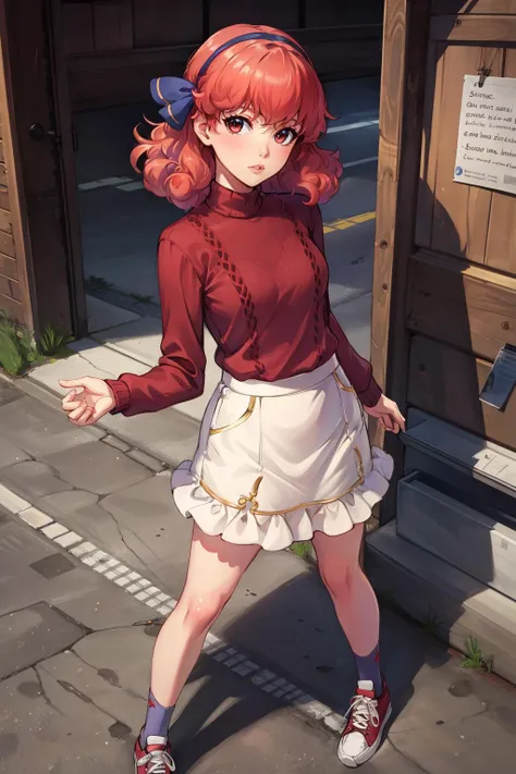 masterpiece, best quality, genny, hairband, red sweater, frilly white skirt, sneakers, standing, looking at viewer <lora:genny-nvwls-v2-000012:0.7>