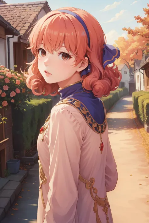 masterpiece, best quality, genny, hairband, necklace, long dress, upper body, standing, village, sky, autumn, from side, surprised, looking at viewer <lora:genny-nvwls-v2-000012:0.9>