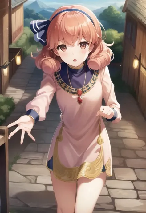 beautiful lighting, best quality, masterpiece, detailed background, shining skin, shining body, shiny skin, dynamic angle, (mid shot:1.2), bewitching hips, 1 girl, genny, hairband, necklace, short dress, <lora:genny-nvwls-v1-final:0.7>, village