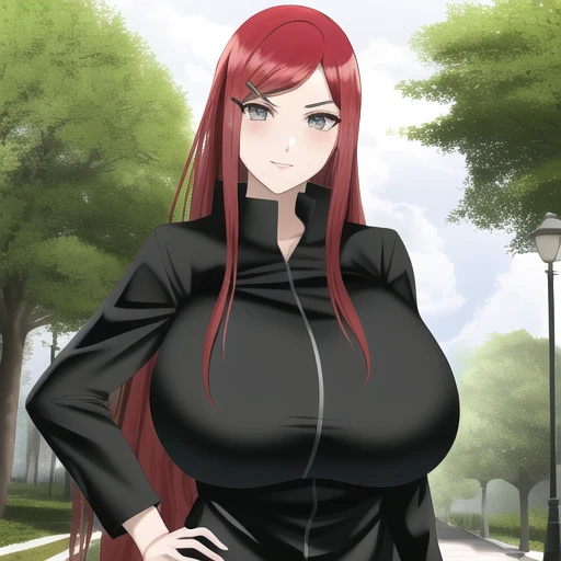 highres, Uzumaki_Kushina, huge_breasts, hair_ornament, hairclip, standing, red_hair, <lora:Uzumaki_Kushina:.4>,