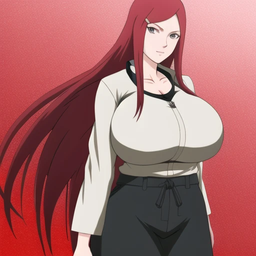 highres, Uzumaki_Kushina, huge_breasts, hair_ornament, standing, red_hair, <lora:Uzumaki_Kushina:.4>,