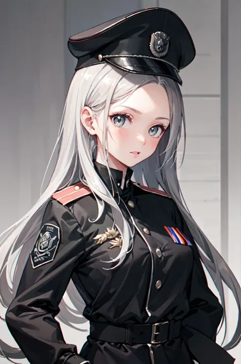 <lora:drozd:1> pkwhiteguard, beaked cap, military uniform, jacket,, ultra detailed, masterpiece, best quality, aesthetic, detailed,, serious, 1girl, (white eyes:1.1), (grey eyes:1.3), white hair, very long hair, parted hair, parted bangs, <lora:parted_hair_v1.3:1.3>, medium breasts,
