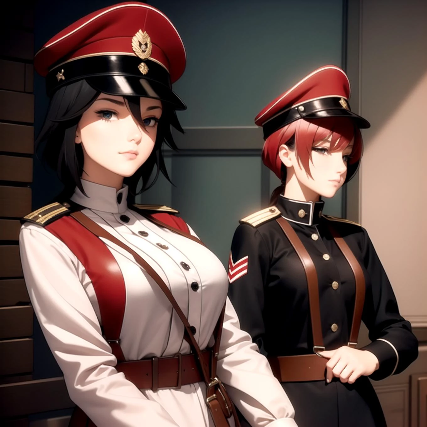 phwhiteguard, uniform, 2girls, suspenders, leather belt, red hat ,adult, cosplay, black uniform, , <lora:drozd-000004:1>, (masterpiece, best quality), intricate details, 8k, artstation, wallpaper, official art, splash art, sharp focus