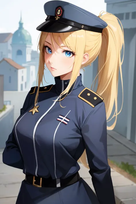 (masterpiece, best quality),  intricate details,
1girl,    <lora:samus-nvwls-v1:0.8> samus aran, ponytail, hair tie,
 <lora:drozd:0.8> pkwhiteguard, beaked cap, black military uniform, jacket,