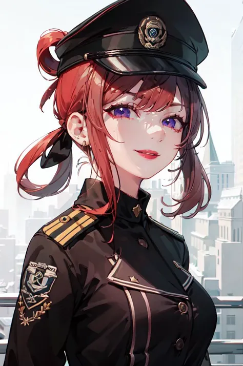 <lora:drozd:1> pkwhiteguard, beaked cap, military uniform, jacket,, ultra detailed, masterpiece, best quality, aesthetic, detailed,, solo, seductive smile, red lips,
1girl, purple eyes, red hair, blunt bangs, medium breasts, <lora:hair_rings:1> low hair rings, <lora:EllaNyan:1>,