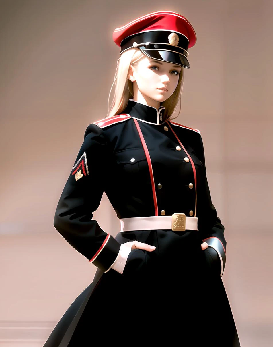phwhiteguard, depth of field, 1girl, flag patch, uniform, red hat ,adult, cosplay, black uniform, , <lora:drozd-000004:1>, (masterpiece, best quality), intricate details, 8k, artstation, wallpaper, official art, splash art, sharp focus