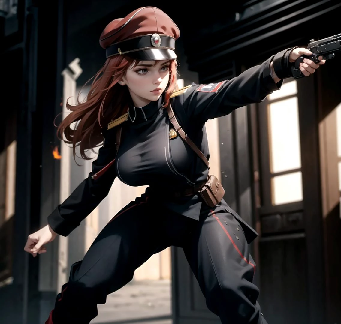 pkwhiteguard, uniform, 1girl, red epaulettes, holding gun, pistol, adult, cosplay, black uniform, ,, (masterpiece, best quality), intricate details, 8k, artstation, wallpaper, official art, splash art, sharp focus <lora:drozd-000004:1> ,