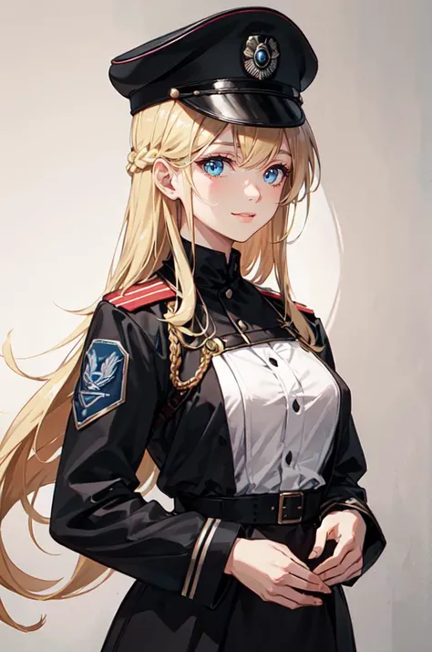 <lora:drozd:1> pkwhiteguard, beaked cap, military uniform, jacket,, ultra detailed, masterpiece, best quality, aesthetic, detailed,, solo, soft smile, light smile,
1girl, blue eyes, very long hair, blonde hair, long blonde hair, french braid, bangs, medium breasts,
