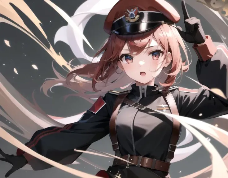 pkwhiteguard, uniform, 1girl, suspenders, skirt, beaked cap, (red hat:1.2) ,adult, cosplay, black uniform, ,, (masterpiece, best quality), intricate details, 8k, artstation, wallpaper, official art, splash art, sharp focus <lora:drozd-000004:1>