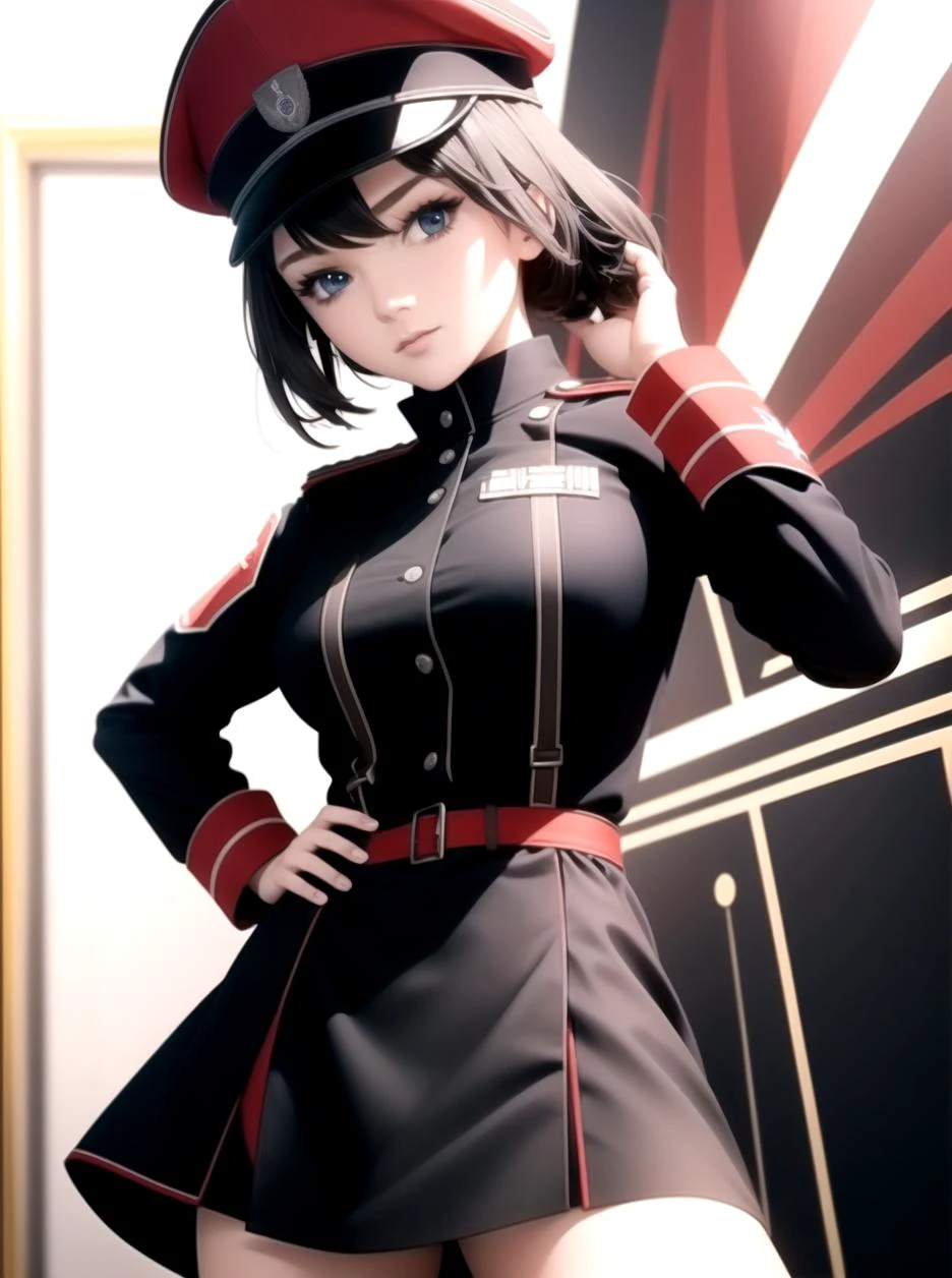 pkwhiteguard, uniform, 1girl, suspenders, skirt, (red hat:1.0) ,adult, cosplay, black uniform, ,, (masterpiece, best quality), intricate details, 8k, artstation, wallpaper, official art, splash art, sharp focus <lora:drozd-000004:1>