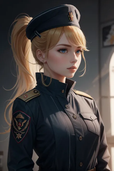 (masterpiece, best quality), intricate details,
1girl, <lora:samus-nvwls-v1:0.8> samus aran, ponytail, hair tie,
<lora:drozd:0.8> pkwhiteguard, beaked cap, military uniform, jacket,