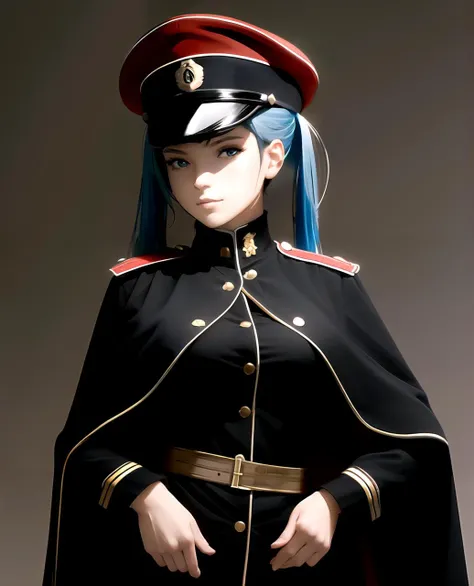 phwhiteguard, depth of field, 1girl, blue hair, twintails, hatsune miku, cape, open clothes, red hat ,adult, cosplay, black uniform, , <lora:drozd-000004:1>, (masterpiece, best quality), intricate details, 8k, artstation, wallpaper, official art, splash art, sharp focus