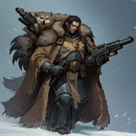 a spcwlf trmntr with a gun in his hand, fur cloak, with wolfskin,
