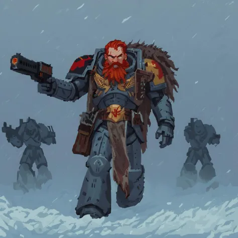 spcwlf man wearing a ((trmntr suit)), fur cloak, red hair, beard, braids, mighty, holding heavy machinegun, tartan sash,   snow, ice, blizzard, battlefield, glory, charge,